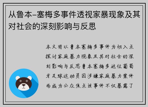 从鲁本-塞梅多事件透视家暴现象及其对社会的深刻影响与反思